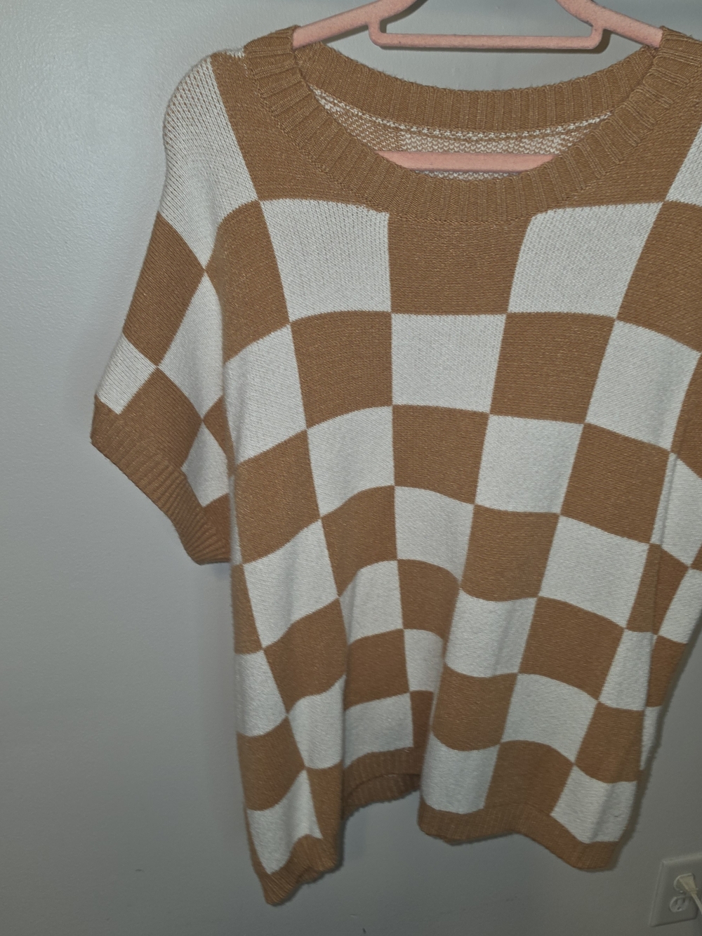 Checkerboard Crewneck Sweater in Tan and Cream